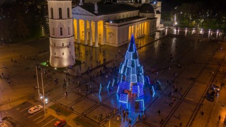 Vilniaus Katedros aikštėje įžiebta siurreali Kalėdų eglė  