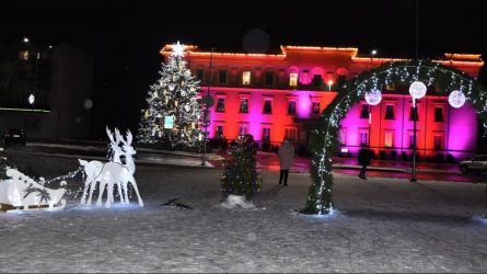 Varėnoje šventinę dvasią paskleidė įžiebta Kalėdų eglutė ir sužibusi eglučių alėja