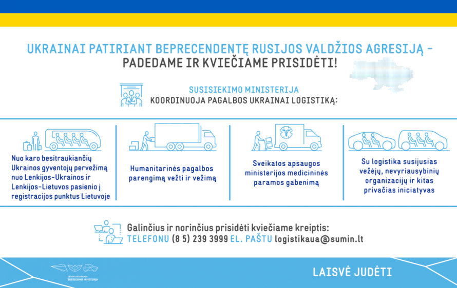 Susisiekimo ministerija koordinuoja pagalbos Ukrainai logistiką – į šią šalį išsiunčiama dešimtys vilkikų ir autobusų su pagalbos priemonėmis